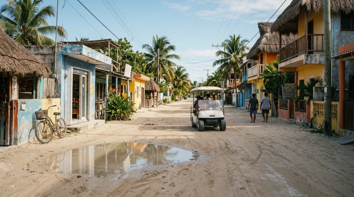 A golf cart parked on a sand street in Holbox town, the standard way to get around once you arrive on the island
