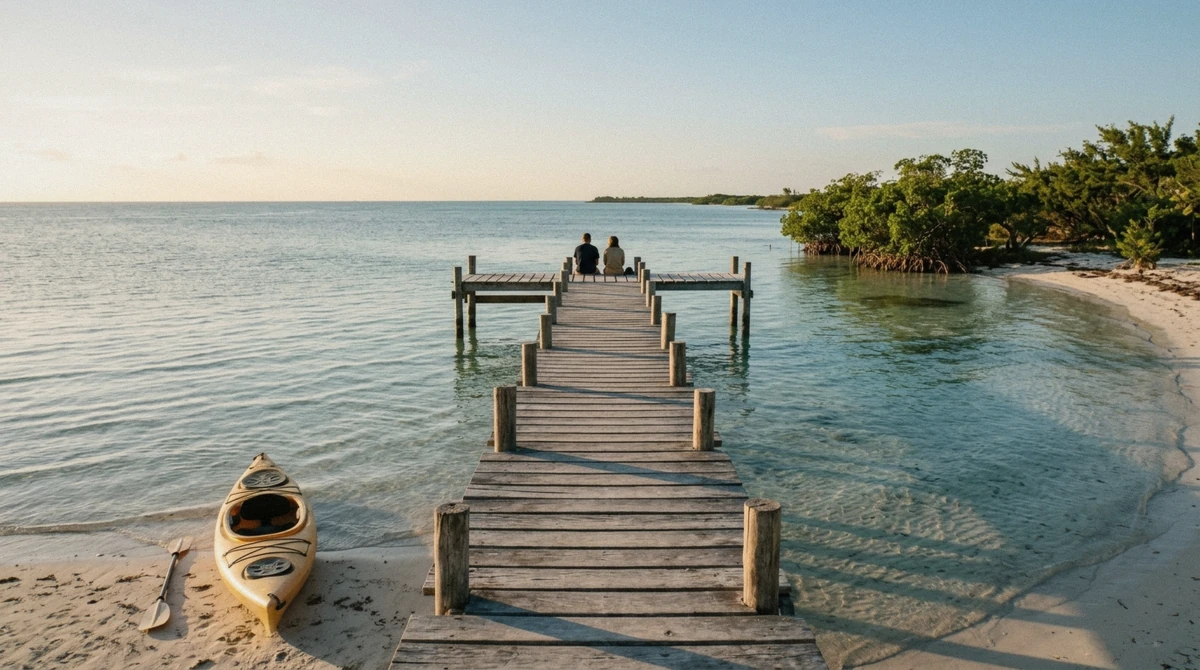The wooden dock and shallow water at Punta Cocos on the western tip of Isla Holbox, Mexico, in the late afternoon light before sunset.