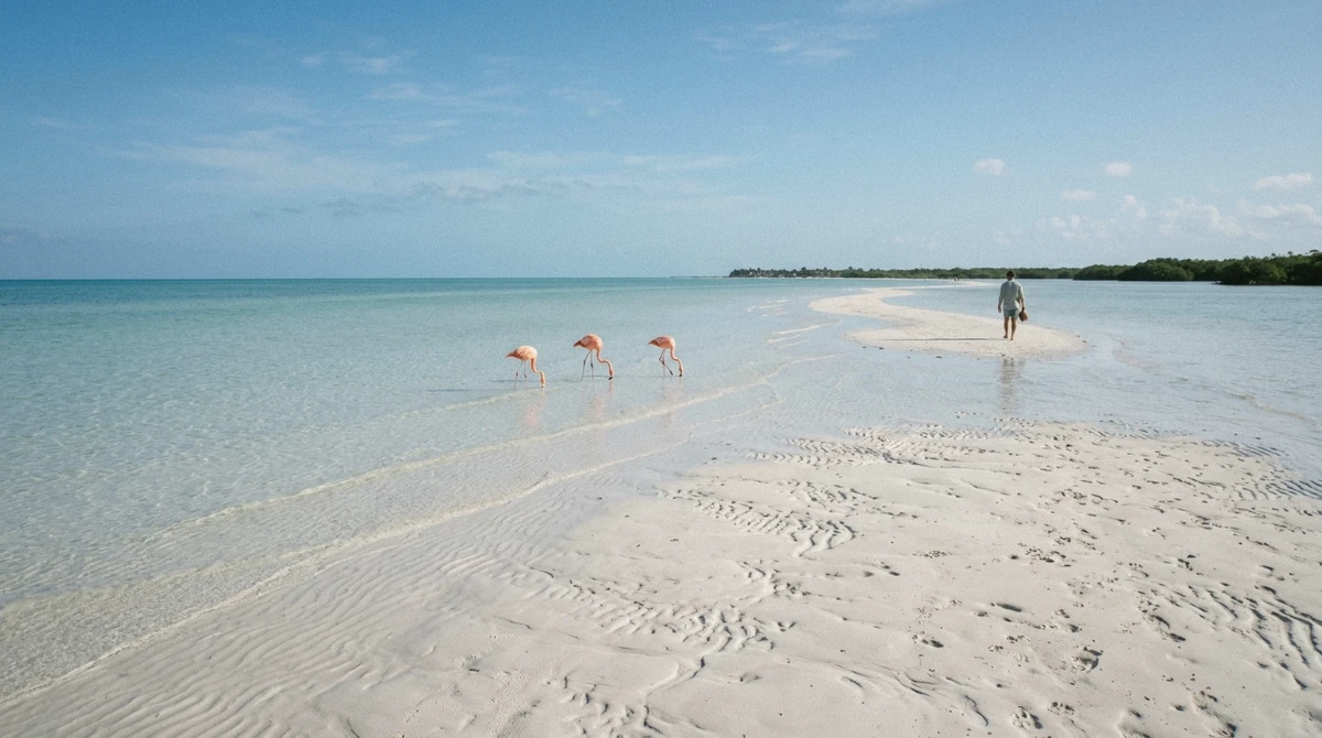 Flamingos feeding on the shallow sandbank that surfaces at low tide off Punta Mosquito on the north-eastern end of Isla Holbox, Mexico