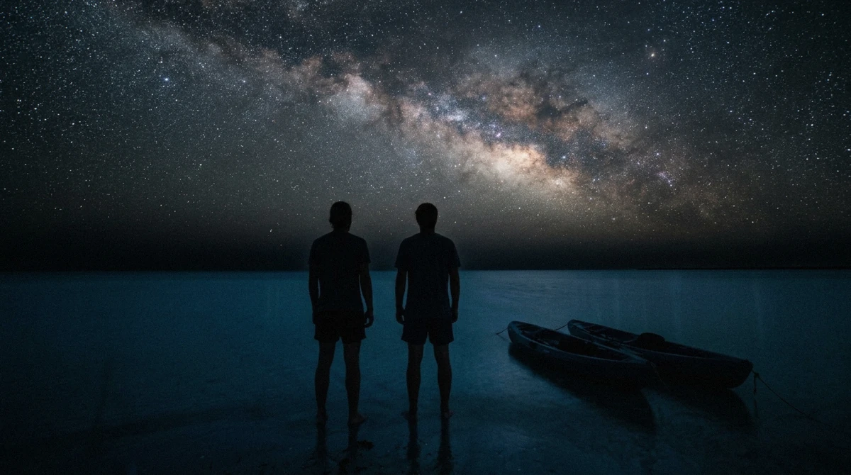 Kayakers standing on a shallow sandbar under a star-filled sky on a Holbox bioluminescence tour off Isla Holbox, Mexico